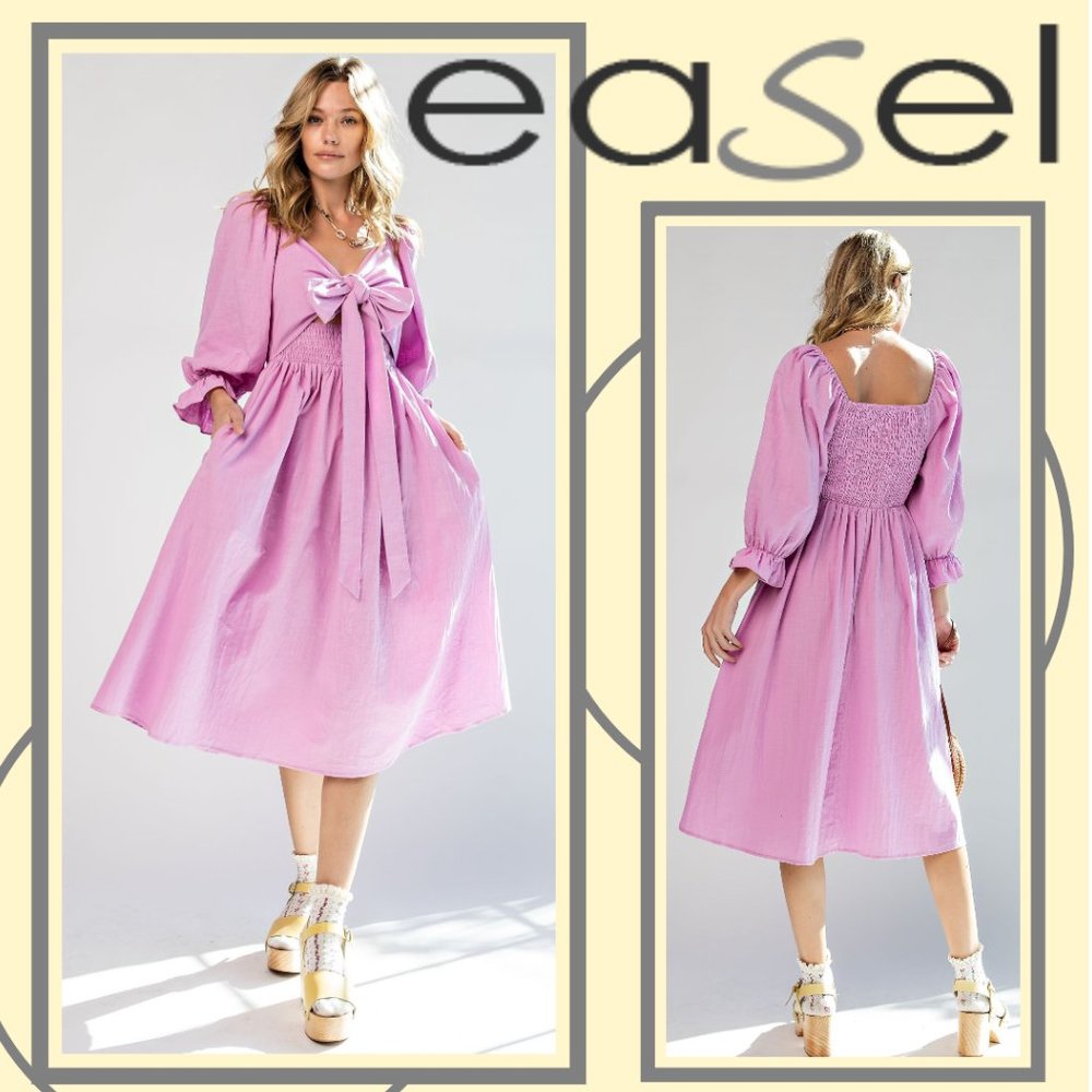 EASEL Smocked Back & Waist Adjustable Style Bodice & Bow Puff Sleeves Linen-Look